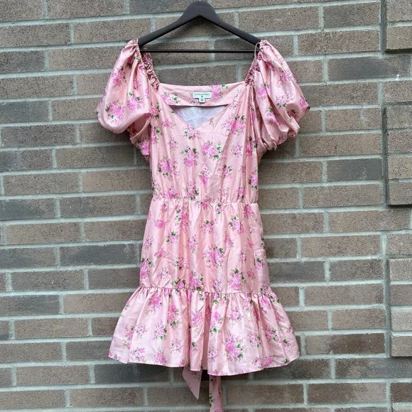 LoveShackFancy x Target Womens 18W Pink Satin Floral Puff Sleeve Mini Dress - Picture 2 of 12
